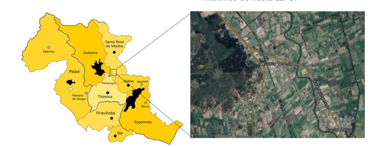 Figura 1. Ubicación geográfica de la zona de estudio, corredor Tibasosa-Duitama sector la Y, Boyacá Colombia